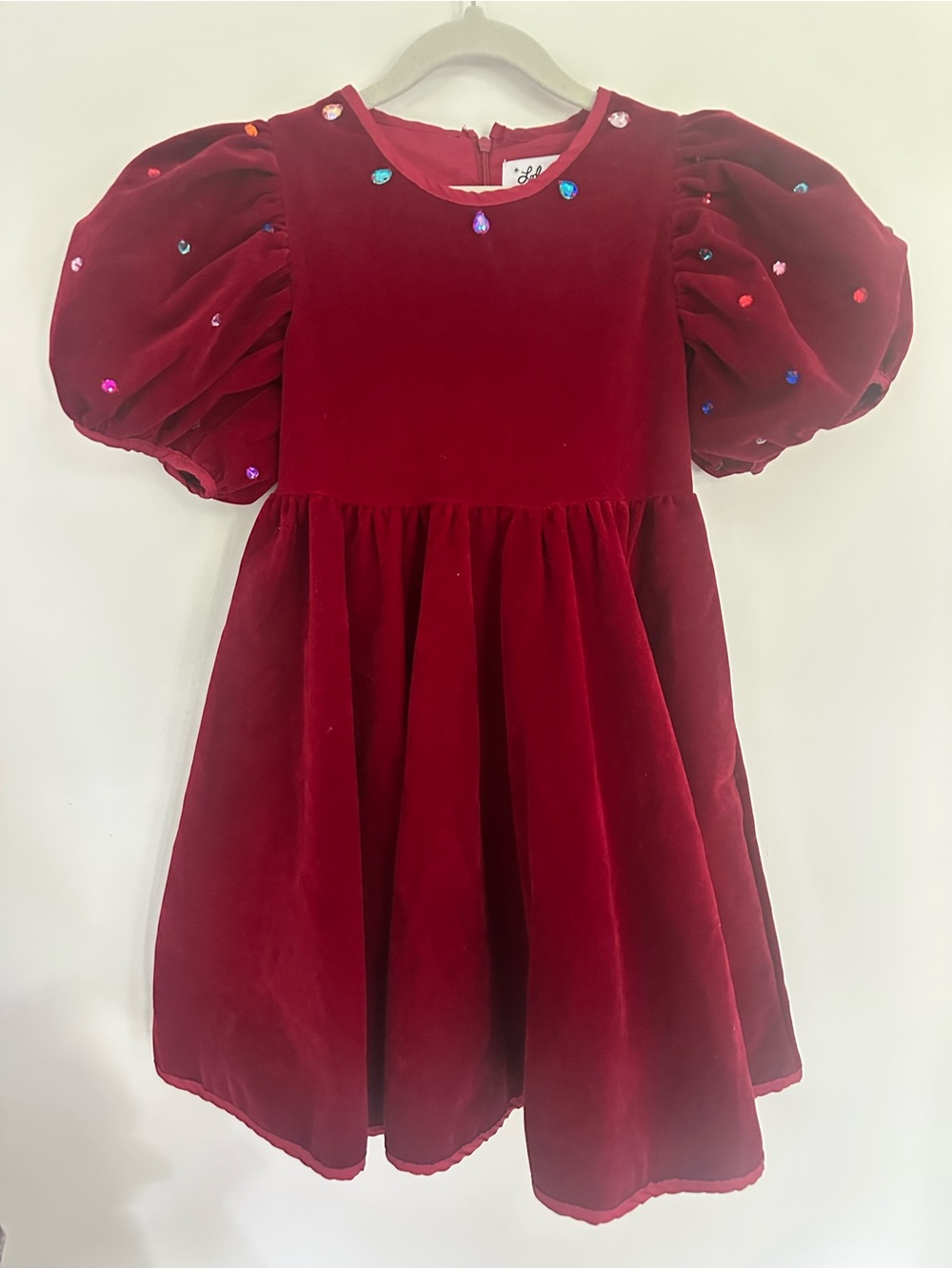 Lola & The Boys velvet rainbow gem burgundy puff sleeve Christmas dress 8